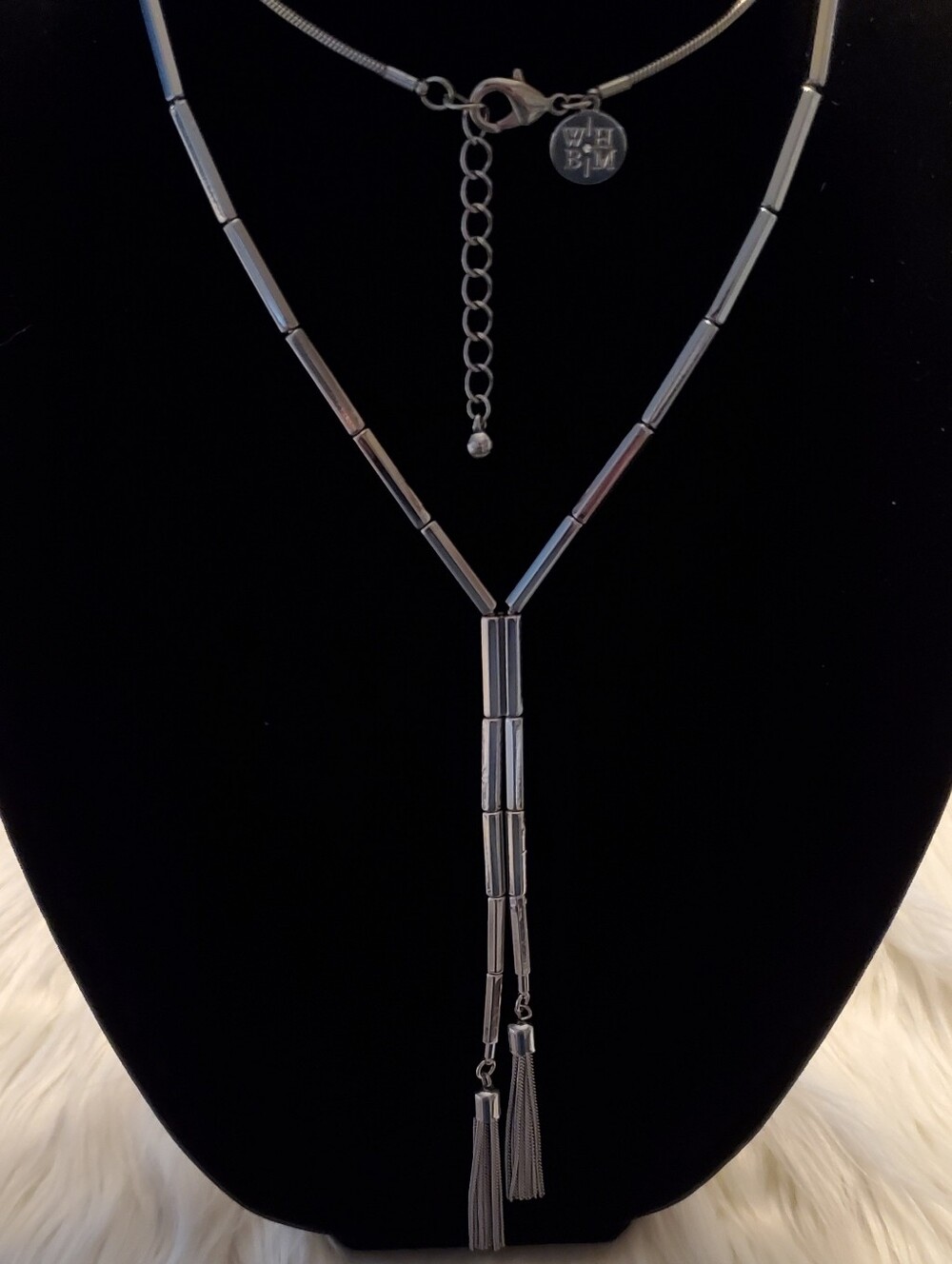 White House Black Market Silver Lariat Y-Necklace Chain Tassel Long Liquid Chain